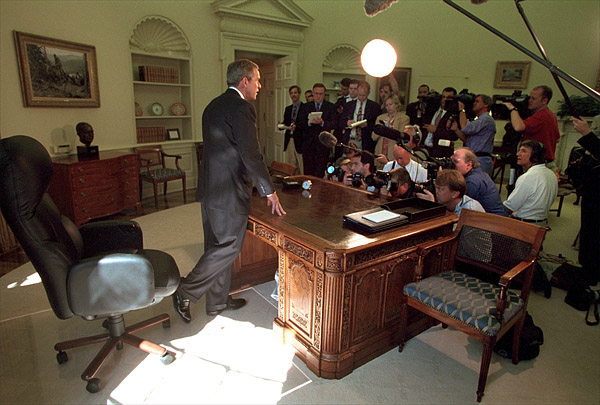 President addressing reporters in the Oval Office September 13. White House photo by Paul Morse.