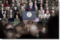 President George W. Bush delivers remarks to U.S. Troops at Wiesbaden Army Air Field in Wiesbaden, Germany, Wednesday, Feb. 23, 2005.   White House photo by Paul Morse