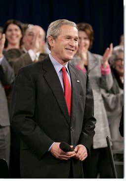 President George W. Bush receives a warm welcome from participants attending a Conversation on Social Security at North Dakota State University in Fargo, N.D., Thursday, Feb. 3, 2005.  White House photo by Eric Draper