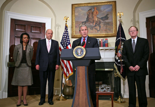 President George W. Bush nominates John Negroponte as Deputy Secretary of State, left, and Vice Admiral Mike McConnell as Director of National Intelligence during an announcement in the Roosevelt Room Friday, Jan. 5, 2007. Secretary of State Condoleezza Rice is pictured at left. White House photo by Paul Morse