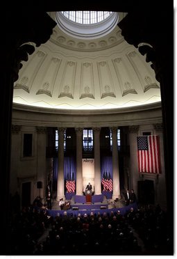 President George W. Bush delivers remarks on the economy on Wall Street in New York City Wednesday, Jan. 31, 2007. "When people across the world look at America's economy what they see is low inflation, low unemployment, and the fastest growth of any major industrialized nation," said the President. "The entrepreneurial spirit is alive and well in the United States." White House photo by Paul Morse