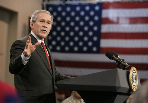 President George W. Bush gestures as he addresses the troops and their families at Fort Benning, Ga., Thursday, Jan. 11, 2007, talking about the new strategy for Iraq. White House photo by Eric Draper