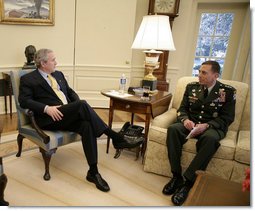 President George W. Bush meets with Army General David Petraeus, incoming Commander of the Multi-National Force-Iraq, Friday, Jan. 26, 2007, in the Oval Office. White House photo by Eric Draper