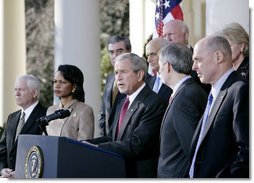 President George W. Bush addresses reporters as he stands with members of his Cabinet in the Rose Garden at the White House, Wednesday, Jan. 3, 2007, following the first Cabinet meeting of 2007.  White House photo by Eric Draper