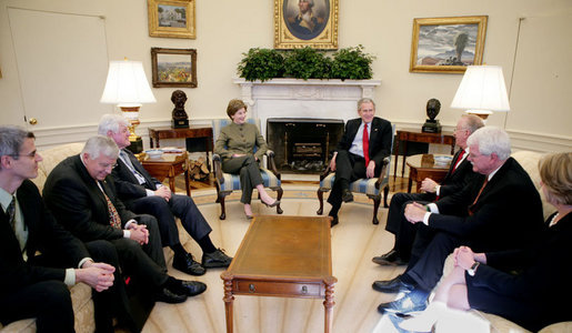 President George W. Bush and Mrs. Laura Bush meet with bicameral and bipartisan members of Congress, Senator Edward M. Kennedy of Massachusetts, left; Senator Mike Enzi of Wyoming, left-center; Congressman Buck McKeon of California, right-front; Congressman George Miller of California, right-center, and U.S. Secretary of Education Margaret Spellings, right, in the Oval Office, Monday, Jan. 8, 2007, marking the fifth anniversary of No Child Left Behind. White House photo by Paul Morse