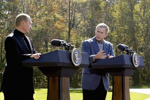 President George W. Bush and Russian President Vladimir Putin participate in a joint news conference at Camp David, Saturday, September 27, 2003. White House photo by Eric Draper.