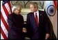 President George W. Bush talks with Indian Prime Minister Atal Bihari Vajpayee during a series of United Nations meetings with world leaders in New York Wednesday, Sept. 24, 2003. White House photo by Paul Morse.