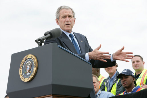 President George W. Bush delivers remarks on trade policy Tuesday, March 18, 2008, at the Blount Island Marine Terminal in Jacksonville, Fla. White House photo by Chris Greenberg