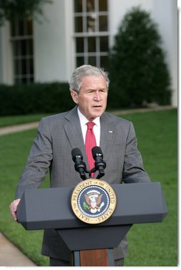 President George W. Bush makes a statement to the press concerning Hurricane Ike Saturday, Sept. 13, 2008, after a video teleconference briefing in the Situation Room with officials from the National Hurricane Center, the Department of Homeland Security and FEMA. White House photo by Chris Greenberg