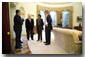 President George W. Bush meets with, from left, CIA Director George Tenet, Secretary Andy Card (not pictured), Vice President Dick Cheney and National Security Advisor Condoleezza Rice in the Oval Office Oct. 7, 2001. White House photo by Eric Draper