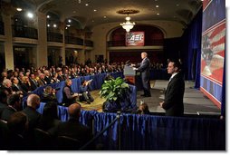 President George W. Bush talks about the current situation in Afghanistan during an address to the American Enterprise Institute in Washington, D.C., Thursday, Feb. 15, 2007. "Under the Taliban, there were about 900,000 children in school," said the President as he listed several improvements made on the past five years. "Today, more than five million children are in school -- about 1.8 million of them are girls." White House photo by David Bohrer