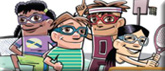 Whimsical cartoon drawing of kids wearing sports clothes and goggles