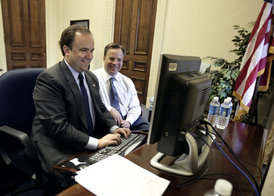 Outgoing White House Press Secretary Scott McClellan and his brother Medicare and Medicaid Services Administrator Mark McClellan answer questions on Ask The White House, Wednesday, May 10, 2006. White House photo by Eric Draper