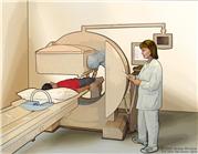 Bone scan; drawing shows patient lying on a table that slides under the scanner, a technician operating the scanner, and a monitor that will show images made during the scan.