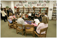 Laura Bush meets Thursday, Sept. 8, 2005 with families from New Orleans, displaced last week as a result of Hurricane Katrina, at the Greenbrook Elementary School in DeSoto County, Miss. Greenbrook Elementary School has enrolled the most displaced students among the DeSoto County schools in Mississippi.