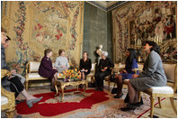 Laura Bush meets with Franca Pilla, wife of Italian President Carlo Azeglio, center left, and Betty Sembler, wife of U.S. Ambassador to Italy Mel Sembler, center right, at the Quirinale Palace in Rome, April 7, 2005.