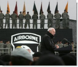 Vice President Dick Cheney addresses members of the 101st Airborne Division at Fort Campbell Army Base in Fort Campbell, Ky., Monday, October 16, 2006. "Last month in Iraq, you completed a year-long deployment that reflected tremendous credit on the Army, and helped to move a liberated country one step closer to a future of security and peace," the Vice President said. "The 101st carried out air assault missions against the enemies of freedom, provided security for national elections, trained some 32,000 police, helped provide border protection, and turned over more territory to 35 Iraqi Army battalions, so they can take the lead in defending their own country." White House photo by David Bohrer