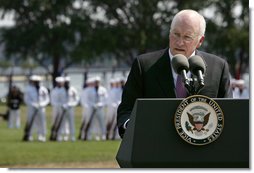 Vice President Dick Cheney delivers his remarks at the Armed Forces Farewell Tribute and Retirement Ceremony for Vice Chairman of the Joint Chiefs of Staff Admiral Edmund P. Giambastiani, Jr., Friday, July 27, 2007, at the United States Naval Academy in Annapolis, Md. "He will always be remembered as one of the military leaders who brought us into the 21st century -- with a clear understanding of this technological age, and an absolute determination to preserve America's competitive advantage in warfare," said the Vice President. "Years into the future, our military will be better, and our nation will be safer, thanks to the skill and foresight of this Navy admiral." White House photo by David Bohrer