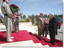 Vice President Dick Cheney is greeted by Kurdish Regional Government President Massoud Barzani Tuesday, March 18, 2008 upon arrival to the president's residence in Irbil, Iraq. The Vice President's visit to Irbil comes on the second day of an unannounced trip to Iraq where he has met with Iraqi leadership, U.S. officials and U.S. troops.  White House photo by David Bohrer