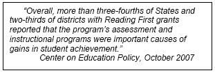 Overall, more than three-fourths of States and two-thirds of districts with Reading First grants reported that the program's assessment and instructional programs were important causes of gains in student achievement.