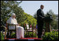 President George W. Bush delivers remarks Wednesday, April 16, 2008, during the arrival ceremony for Pope Benedict XVI on the South Lawn of the White House. Said the President, "Holy Father, thank you for making this journey to America. Our nation welcomes you. We appreciate the example you set for the world, and we ask that you always keep us in your prayers." White House photo by David Bohrer