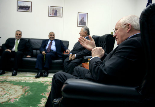 Vice President Dick Cheney addresses the media during a meeting with the Iraqi Presidency Council Wednesday, May 9, 2007, in Baghdad. Seated from left are Iraqi Vice Presidents Tariq al-Hashemi and Adel Abd al-Mehdi and Iraqi President Jalal Talabani. White House photo by David Bohrer
