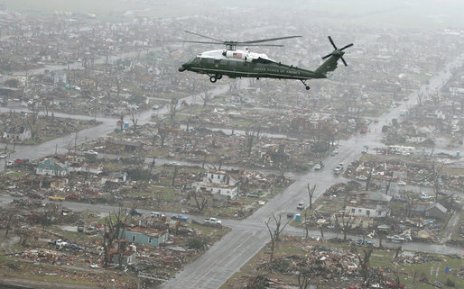 Marine One, carrying President George W. Bush, flies over the devastated community of Greensburg, Kansas Wednesday, May 9, 2007. At least 11 people died and more than 90 percent of the homes were destroyed by a tornado that struck the area Friday night. White House photo by Eric Draper