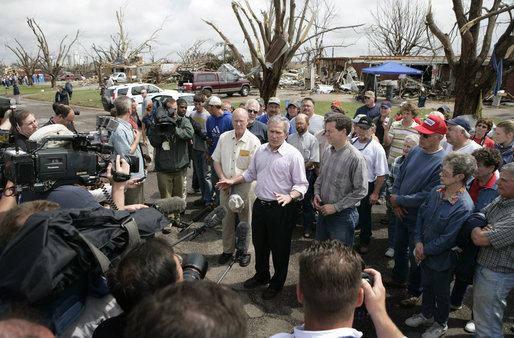 President George W. Bush makes a statement Wednesday, May 9, 2007, during his tour of Greensburg, Kansas, left devastated by a tornado last week. Said the President, "I am struck by the strength of the character of the people who live here in the Plains -- people who refuse to be -- who refuse to have their spirit affect by this storm; as a matter of fact, who are willing to do what it takes to rebuild in a better way." White House photo by Eric Draper