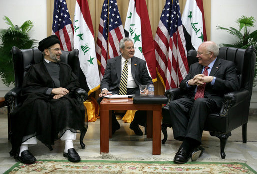 Vice President Dick Cheney meets with the Abdul Aziz al-Hakim, Chairman of the Supreme Council for the Islamic Revolution in Iraq, Wednesday, May 9, 2007, in Baghdad. White House photo by David Bohrer