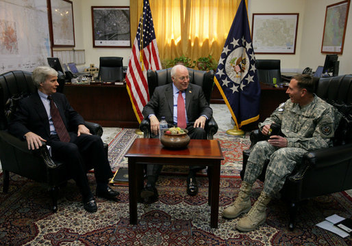 Vice President Dick Cheney participates in a classified briefing Wednesday, May 9, 2007, inside the Green Zone in Baghdad with U.S. Ambassador to Iraq Ryan Crocker and General David Petraeus, Commander of U.S. forces in Iraq. White House photo by David Bohrer