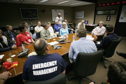 President George W. Bush participates in a briefing Wednesday, May 9, 2007, at the Emergency Operations Center in Greensburg, Kansas, during his visit to the tornado-ravaged area. White House photo by Eric Draper