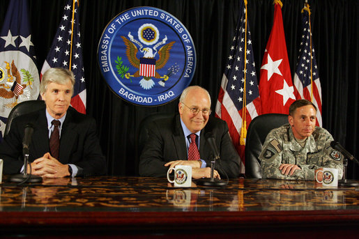 Vice President Dick Cheney is joined by U.S. Ambassador to Iraq Ryan Crocker, left, and General David Petraeus, Commander of U.S. forces in Iraq, right, for a press conference Wednesday, May 9, 2007, at the U.S. Embassy in Baghdad. In speaking about the day's meetings with Iraqi officials, the Vice President said, "I emphasized the importance of making progress on the issues before us, not only on the security issues but also on the political issues that are pending before the Iraqi government. I was impressed with the commitment on the part of the Iraqis to succeed on these tasks, to work together to solve these issues." White House photo by David Bohrer