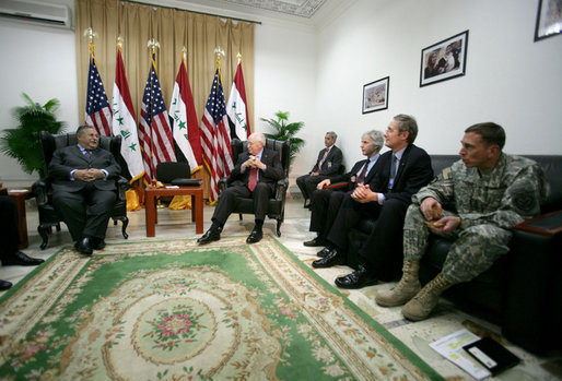 Vice President Dick Cheney and U.S. officials meet with Iraqi President Jalal Talabani Wednesday, May 9, 2007, at the U.S. Embassy in Baghdad. White House photo by David Bohrer