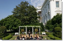 Mrs. Laura Bush delivers remarks in honor of World Refugee Day Friday, June 20, 2008, in the East Garden of the White House. In addressing her guests, Mrs. Bush announced the approval by President George W. Bush of a $32.8 million emergency funding to support unexpected and urgent needs, including food, for refugees and conflict victims in Africa, the Middle East, Asia and the Western Hemisphere. White House photo by Shealah Craighead