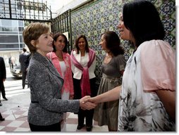 Mrs. Laura Bush is greeted Friday, March 14, 2008, on her arrival to a meeting of the Mexican Association Against Breast Cancer (Fundacion Cim*ab) in Mexico City. From left are Mrs. Maria Asuncion Garza, wife of U.S. Ambassador to Mexico Antonio Garza, Jr., Mrs. Margarita Zavala, wife of Mexico’s President Felipe Calderon, Ms. Bertha Aguilar de Garcia, president of Cim*ab, and Ms. Rosaela Gijon, director of Cim*ab. White House photo by Shealah Craighead