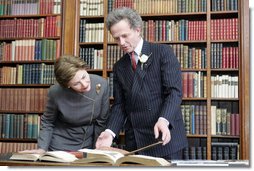 Mrs. Laura Bush tours the library of The Mount Estate and Gardens, home of author Edith Wharton, in Lenox, Mass., Monday, April 24, 2006, during a ceremony celebrating the acquisition and restoration of the library. The Mount was designed and built by Edith Wharton in 1902, and the library contains more than 2,600 volumes and titles.  White House photo by Shealah Craighead