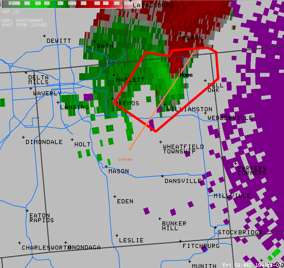 Radar image of an occurring tornado at 1048 pm on October 18, 2007