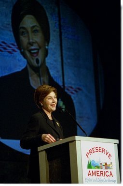 Laura Bush addresses the National Association of Counties Conference in Washington, D.C. Monday, March 3, 2003. Mrs. Bush announced Preserve America, an initiative which highlights the Administration's support of the preservation and enjoyment of the nation's historic places.  White House photo by Susan Sterner