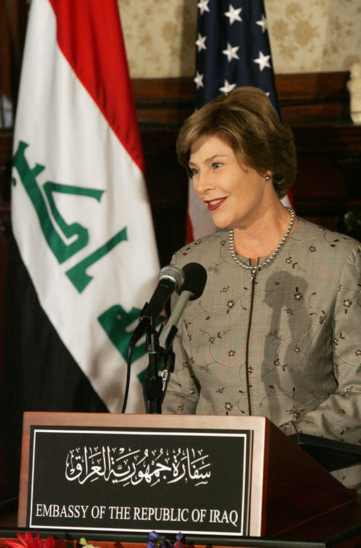 Mrs. Laura Bush delivers remarks at the launching of the Iraq Cultural Heritage Project Thursday, Oct. 16, 2008, at the Iraq Embassy in Washington, D.C. Mrs. Laura Bush said, "The Iraq Cultural Heritage Project will promote national unity by highlighting the rich heritage that all Iraqis share. And the Project will benefit all humanity by preserving the great historic sites, archaeological wonders, and cultural objects that tell the story of the world's earliest communities." White House photo by Joyce N. Boghosian