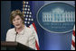 Mrs. Laura Bush addresses reporters in the James S. Brady Press Briefing Room Monday, May 5, 2008 at the White House, urging the Burmese government to accept the humanitarian assistance being offered by the United States to the people of Burma in the aftermath of the destruction caused by Cyclone Nargis. White House photo by Patrick Tierney