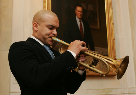 Jazz trumpeter Irvin Mayfield entertains during a reception at the White House, Monday, Jan. 28, 2008, prior to the State of the Union. Mr. Mayfield, a New Orleans native and appointed cultural ambassador for the city, joined Mrs. Laura Bush in the First Lady's Box for the President's address. White House photo by Chris Greenberg