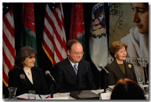 Georgetown University's Center for Child and Human Development Director, Dr. Magrab; Georgetown University President DeGioia and Mrs. Bush participate in the U.S.-Afghan Women's Council’s 10th meeting at Georgetown University in Washington DC.
