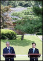 President George W. Bush and South Korean President Lee Myung-bak speak with reporters at a joint news conference Wednesday, Aug. 6, 2008, at the Blue House presidential residence in Seoul, South Korea. White House photo by Chris Greenberg