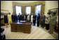 President George W. Bush pauses after signing a presidential proclamation Friday, April 25, 2008, in the Oval Office, in honor of Malaria Awareness Day. The proclamation highlights his Administration's commitment to global health and continues the momentum behind the President's Malaria Initiative. In signing the proclamation, the President said, "Today, we renew our commitment to lead the world toward the urgent goal and noble mission of turning the tide against malaria in Africa and around the world." White House photo by Joyce N. Boghosian