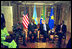 President George W. Bush meets with President Joseph Kabila of the Democratic Republic of Congo, left, President Thabo Mbeki of South Africa, center, and President Paul Kagame of Rwanda, right, at the Waldorf-Astoria Hotel in New York City Sept. 13, 2002. President Bush joined President Mbeki, Chairman of the African Union, to promote stability in the Great Lakes region and urged President Kagame to end support to Congolese rebel groups and begin withdrawal from Congo. President Bush also called on President Kabila to end support to the Rwandan rebels and arrest genocide suspects who had sought refuge in the Democratic Republic of the Congo. President Kagame announced that same afternoon that Rwandan forces would withdraw from Congo.