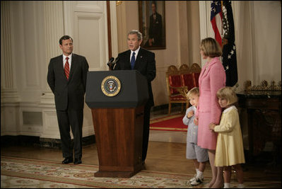 President George W. Bush announces Judge John G. Roberts as the President's nominee for Supreme Court Associate Justice, July 19, 2005 in the East Room of the White House. Roberts family members: wife, Jane Marie Sullivan Roberts; son, Jack, 4, and daughter, Josephine (Josie), 5, are seen at right.