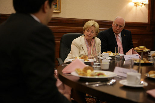 Lynne Cheney, wife of Vice President Dick Cheney, directs a question during a discussion with young Kazakhstan leaders, Saturday, May 6, 2006, in Astana, Kazakhstan. The Vice President and Mrs. Cheney met with the youth to encourage people-to-people ties between the US and Kazakhstan. White House photo by David Bohrer