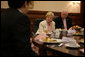 Lynne Cheney, wife of Vice President Dick Cheney, directs a question during a discussion with young Kazakhstan leaders, Saturday, May 6, 2006, in Astana, Kazakhstan. The Vice President and Mrs. Cheney met with the youth to encourage people-to-people ties between the US and Kazakhstan. White House photo by David Bohrer