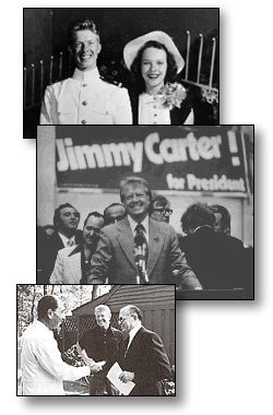 Montage of photographs of Jimmy Carter, Rosalynn Carter, Anwar Sadat, Menachim Begin, and Jimmy Carter campaigning for president.