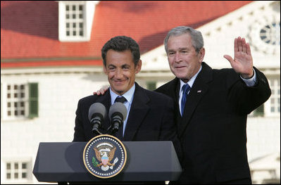 President George W. Bush and President Nicolas Sarkozy of France, shake hands after a joint press availability Wednesday, Nov. 7, 2007, at Mount Vernon, Va. Their meeting at the historic landmark came on the second day of the French leader's visit to the United States.